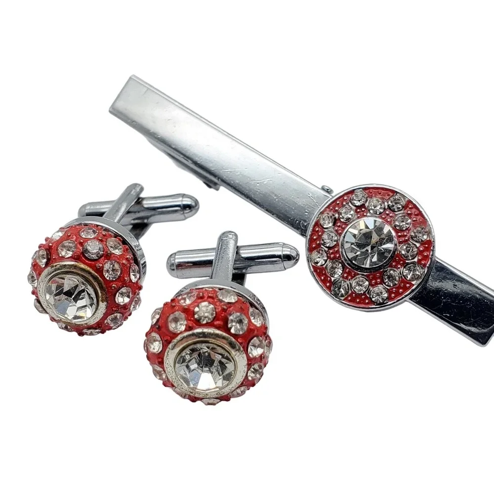 Red Enamel Cufflinks Tie Clip Clasp Rhiinestone Silver Tone Ball Suit Accessory